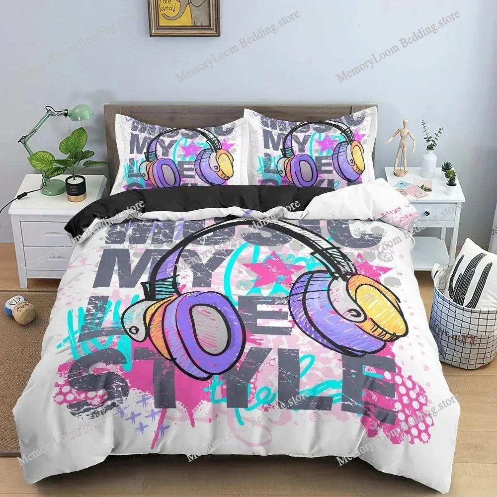 Home Textiles Trends - ชุดเครื่องนอนลายกราฟฟิตี้ทันสมัย สีสันสดใส ขนาดเตียงเดี่ยว/คู่ ปลอกผ้านวมพิมพ์ลาย 3 มิติ